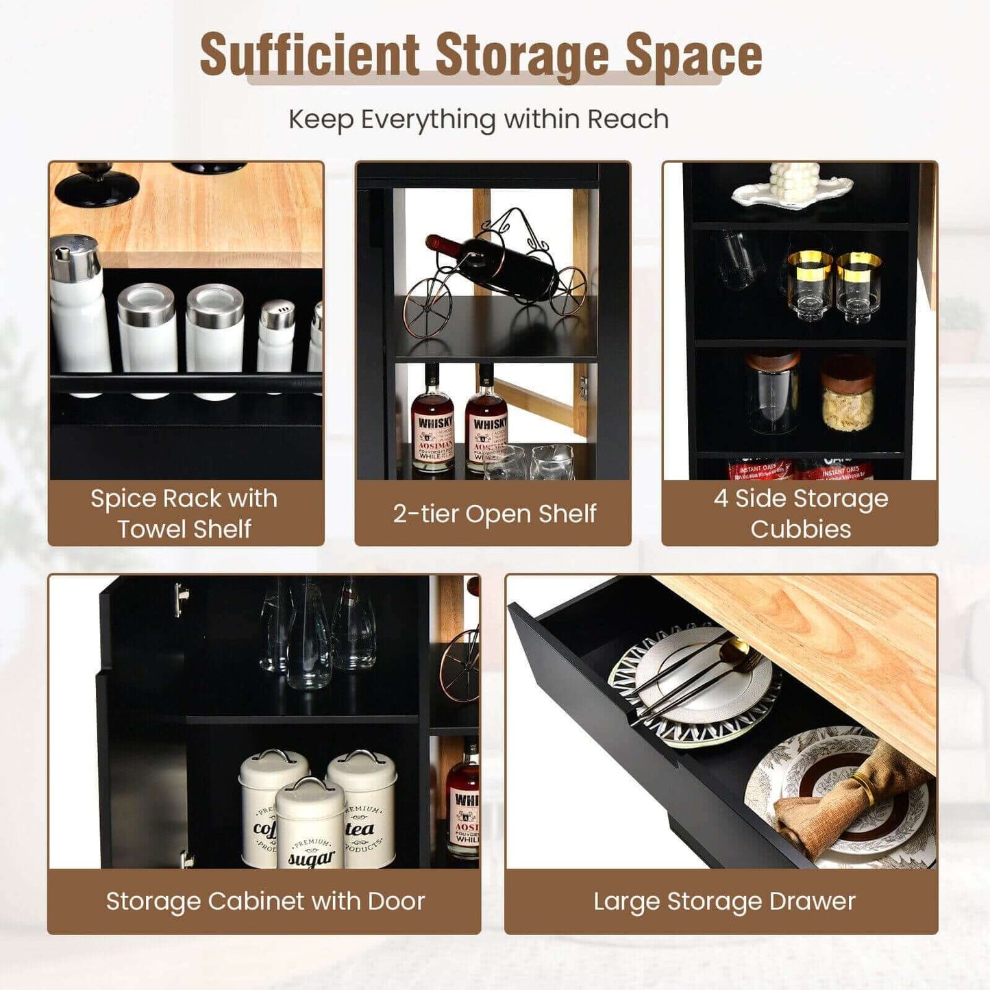 Drop-Leaf Kitchen Island with Rubber Wood Top-Black