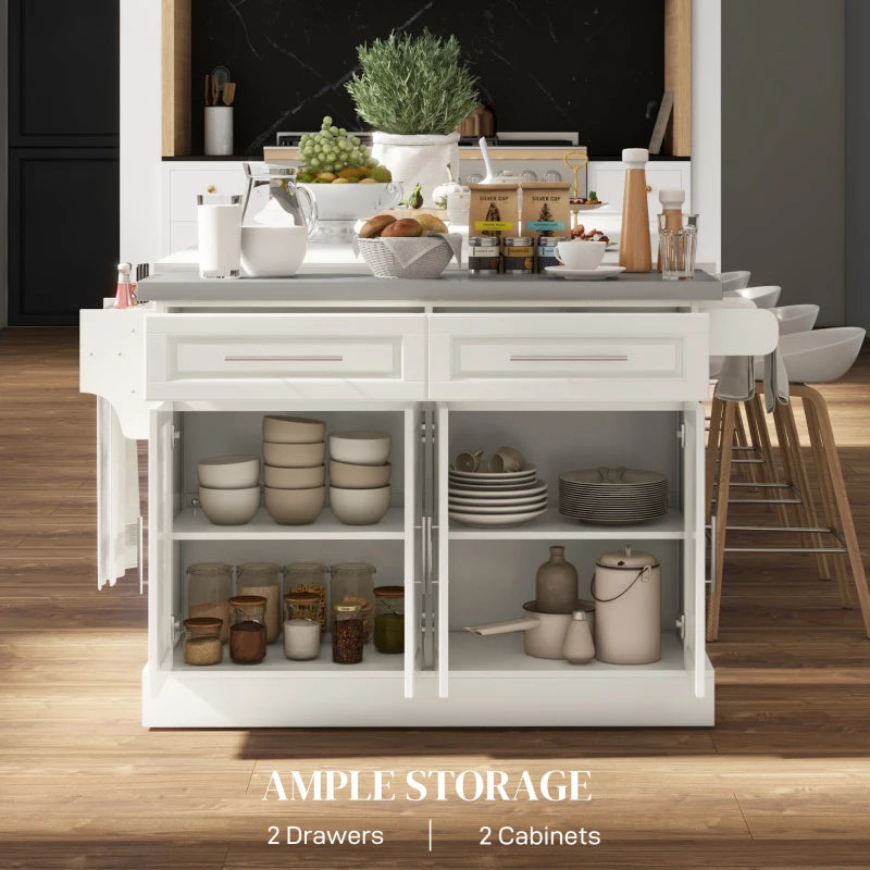 HOMCOM Rolling Kitchen Island with Storage and Stainless Steel Top, Kitchen Trolley with Drawers, Cabinets, Towel Rack, Cream | Aosom Canada