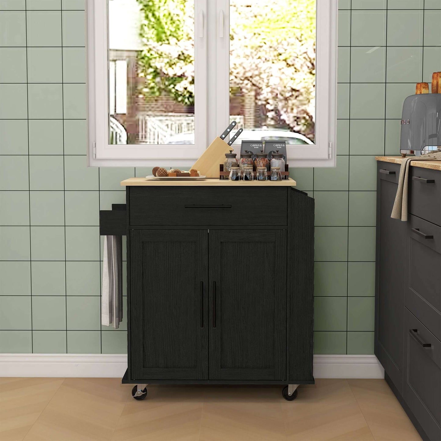 HOMCOM Rolling Island with Wheels for Kitchen, Kitchen Island on Rollers with Power Outlets, Drawer and Doors