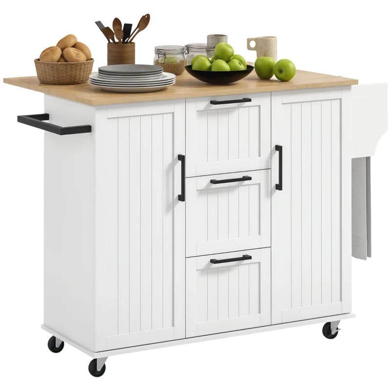 HOMCOM Kitchen Island Cart: On Wheels, Drop Leaf, 3 Drawers, Cabinets, Natural Wood Top, White | Aosom Canada