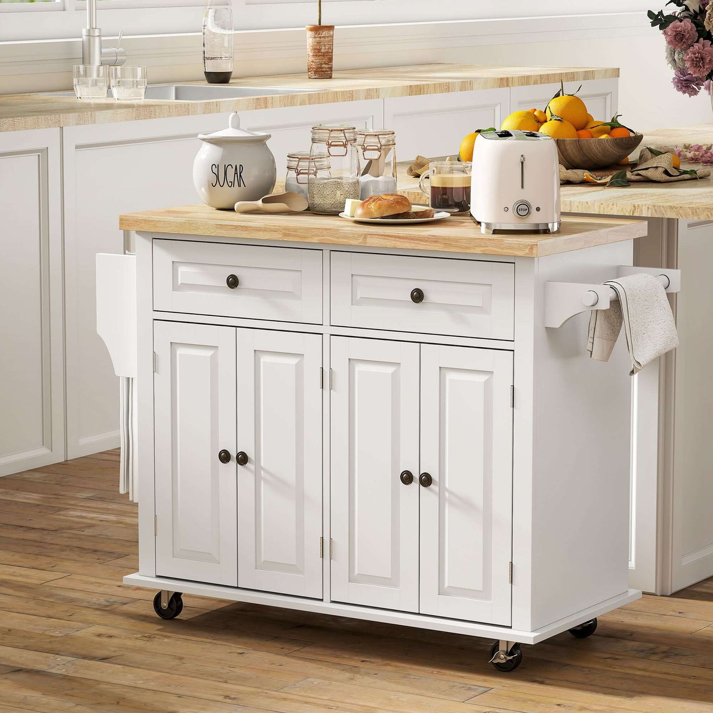 HOMCOM Kitchen Island with Storage, Rolling Trolley Cart with Rubber Wood Top, Spice Rack, Towel Rack, Grey