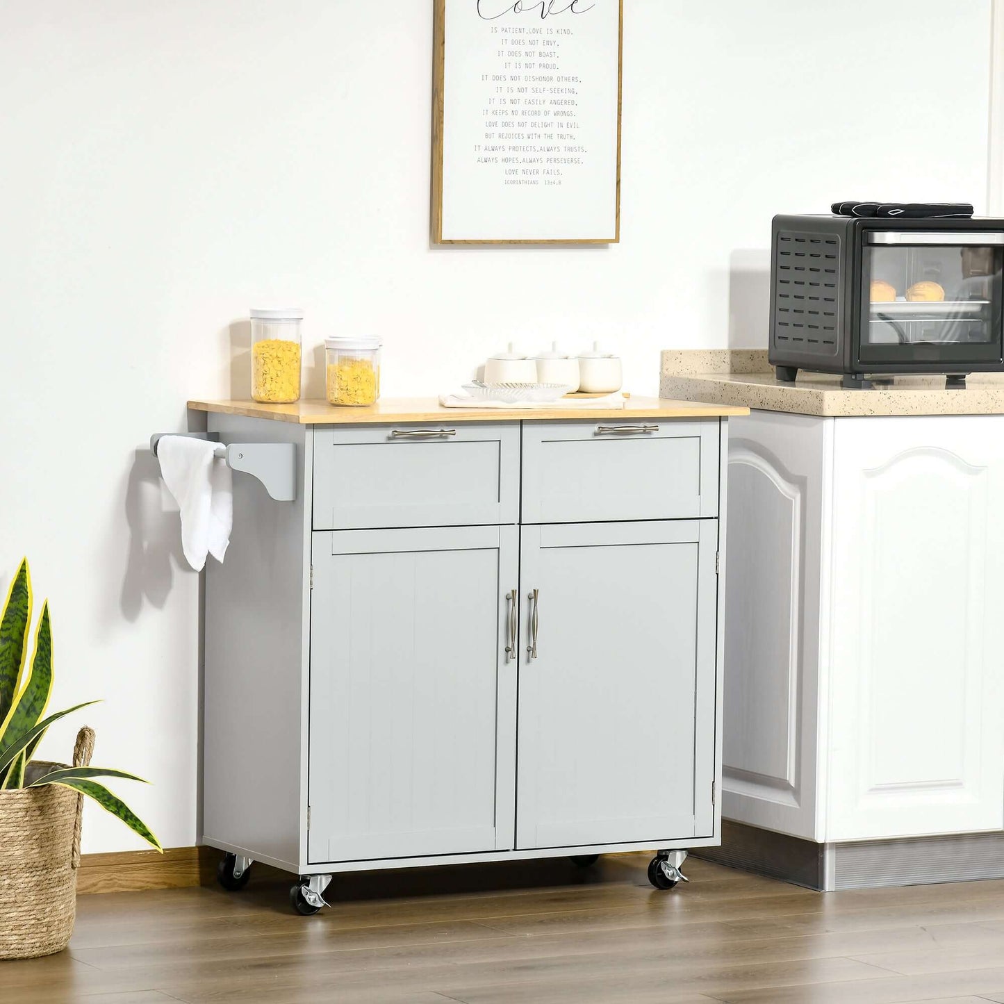 HOMCOM 41" Kitchen Island with Storage and Solid Wood Top, Rolling Kitchen Cart on Wheels with 2 Storage Drawers, 2 Doors and Towel Rack for Dining Room, Grey