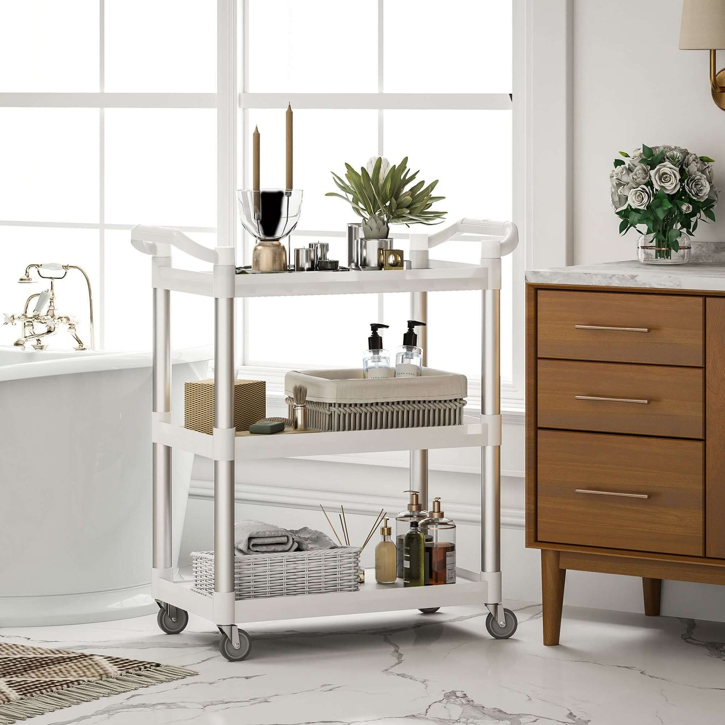 HOMCOM 3-Tier Utility Cart Rolling Storage Trolley with 3 Shelves, Silver and White