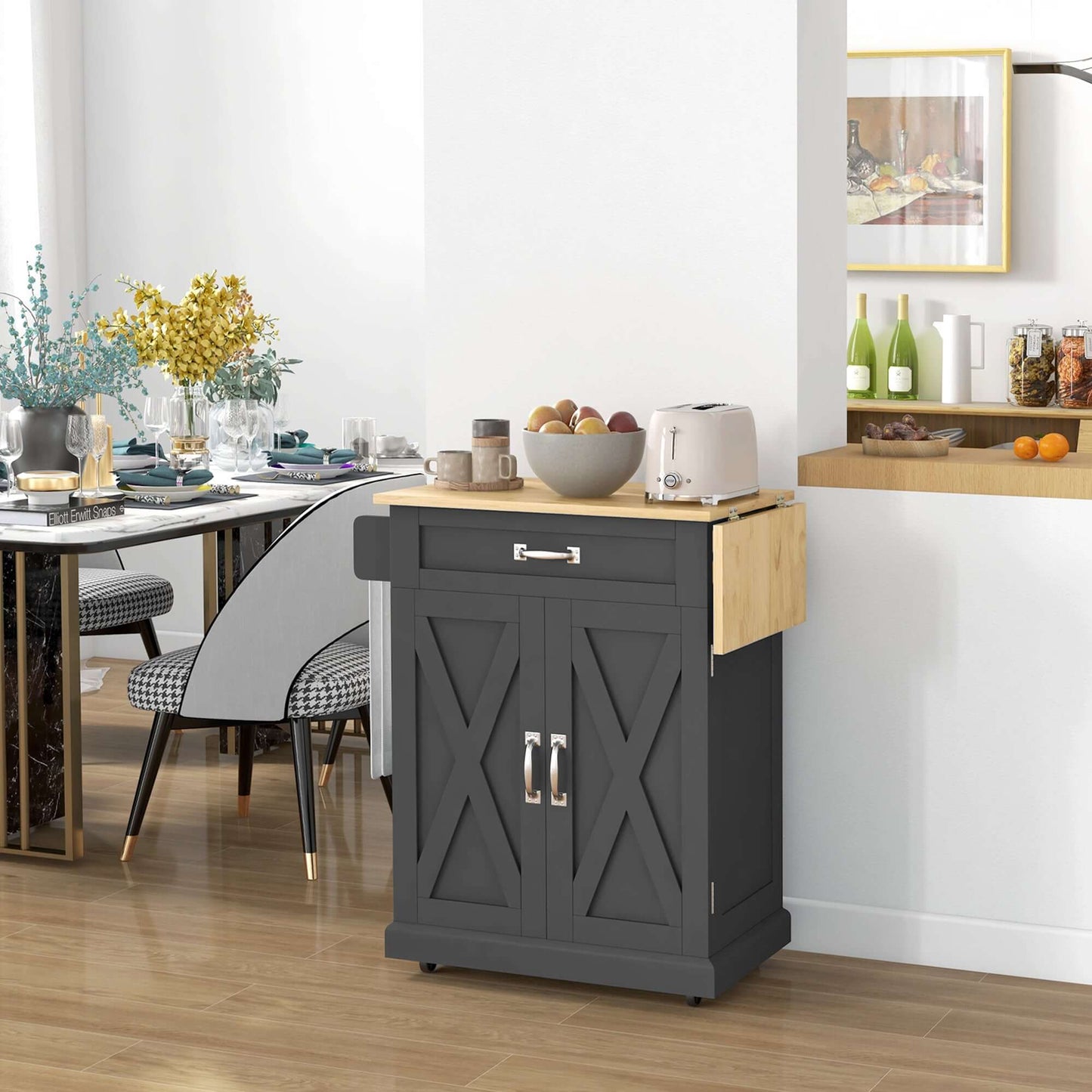 HOMCOM Foldable Kitchen Island with Storage Drawer, Farmhouse Rolling Utility Cart on Wheels with Drop-Leaf Wood Top, Black