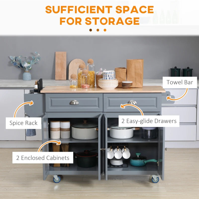HOMCOM Rolling Kitchen Island: Drop-Leaf Wood Top, Drawers & Cabinets for Extra Storage, Grey | Aosom Canada
