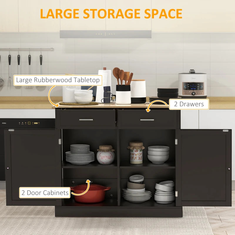 HOMCOM Ebony Culinary Companion: Black Kitchen Island with Beadboard, Rubberwood Cart, 2 Drawers, Adjustable Shelves for Storage | Aosom Canada