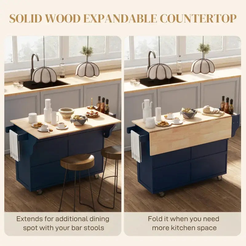 HOMCOM Kitchen Island with Storage, Rolling Kitchen Island with Drop Leaf, Rubber Wood Top and Adjustable Shelves, Navy Blue