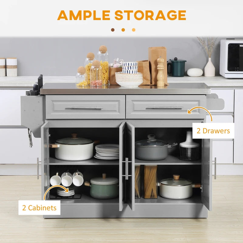 HOMCOM Rolling Kitchen Island with Storage and Stainless Steel Top, Kitchen Trolley with Drawers, Cabinets, Towel Rack | Aosom Canada