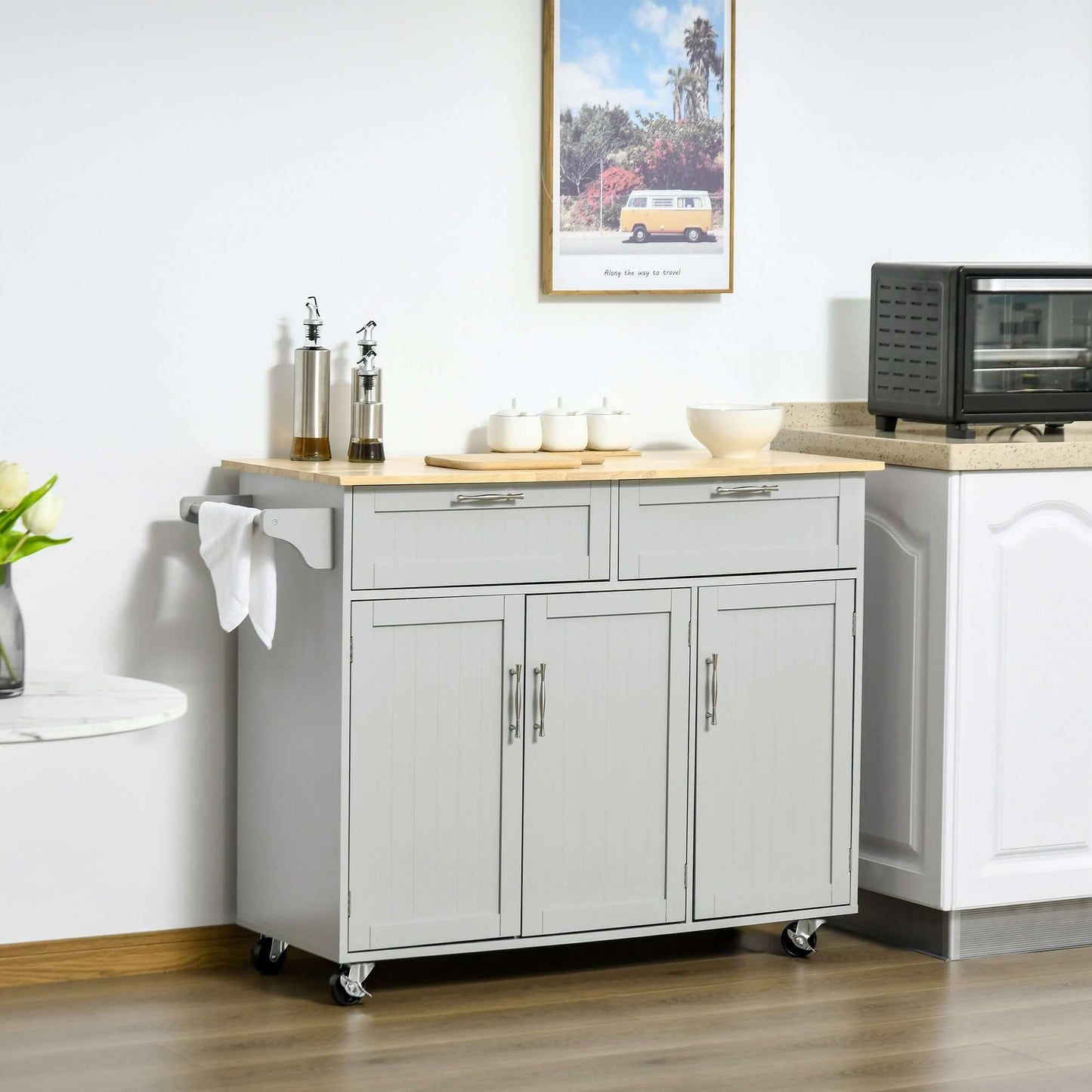 HOMCOM Rolling Kitchen Island, Kitchen Cart on Wheels with 2 Storage Drawers, 3 Door Cabinets and Towel Rack for Dining Room (Grey, 3-Doors)