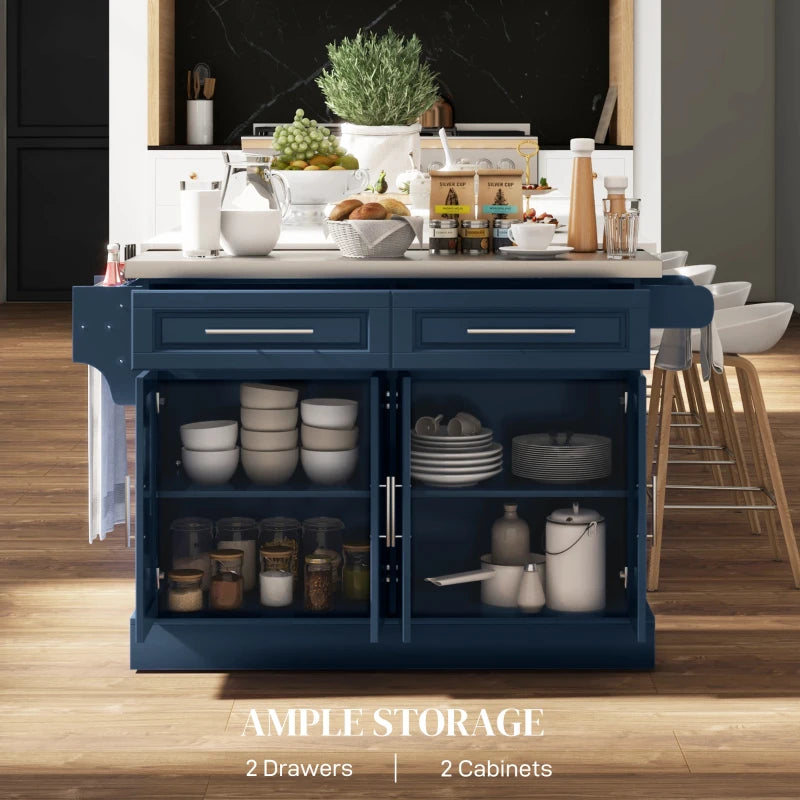 HOMCOM Rolling Kitchen Island with Storage and Stainless Steel Top, Kitchen Trolley with Drawers, Cabinets, Towel Rack, Blue | Aosom Canada