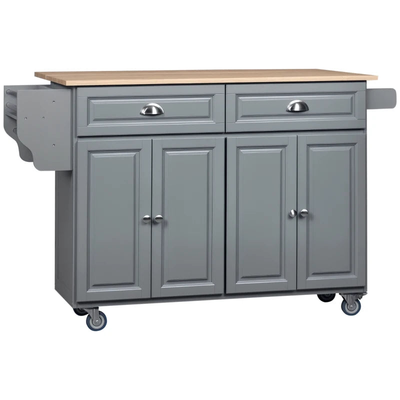 HOMCOM Rolling Kitchen Island: Drop-Leaf Wood Top, Drawers & Cabinets for Extra Storage, Grey | Aosom Canada