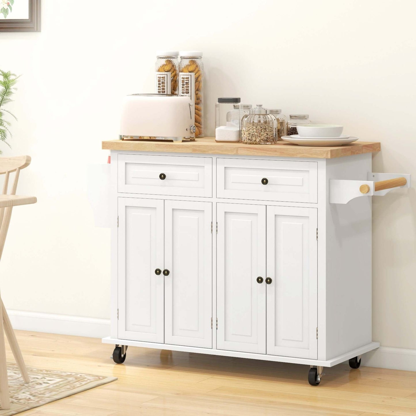 HOMCOM Kitchen Island with Storage, Rolling Trolley Cart with Rubber Wood Top, Spice Rack, Towel Rack, Cream White