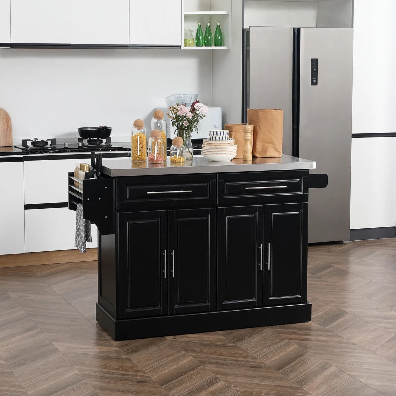 HOMCOM Portable Kitchen Island Rolling Cart Stainless Steel Top Storage Spice Rack Drawers Cabinets Black | Aosom Canada