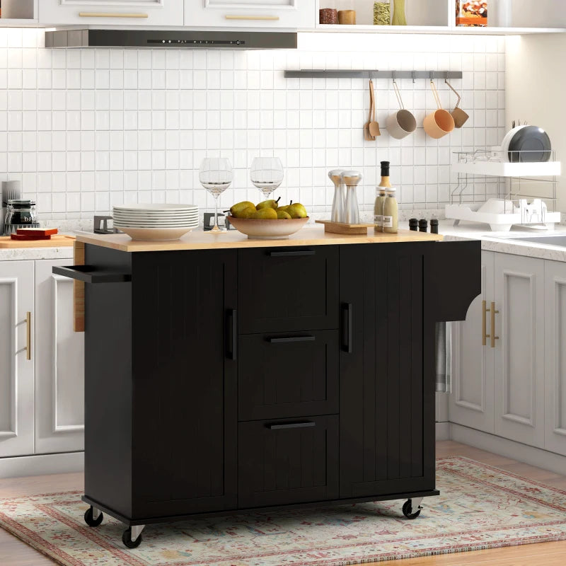 HOMCOM Rolling Kitchen Cart on Wheels with Drop Leaf, Kitchen Island with 3 Drawers, Solid Wood Top and Towel Rack, Black | Aosom Canada