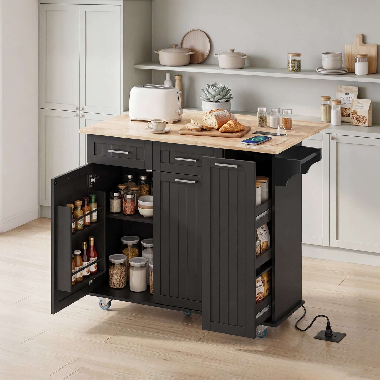 HOMCOM Kitchen Island on Wheels with Wood Drop Leaf, Charging Station, Rolling Kitchen Cart with Adjustable Shelf, Black