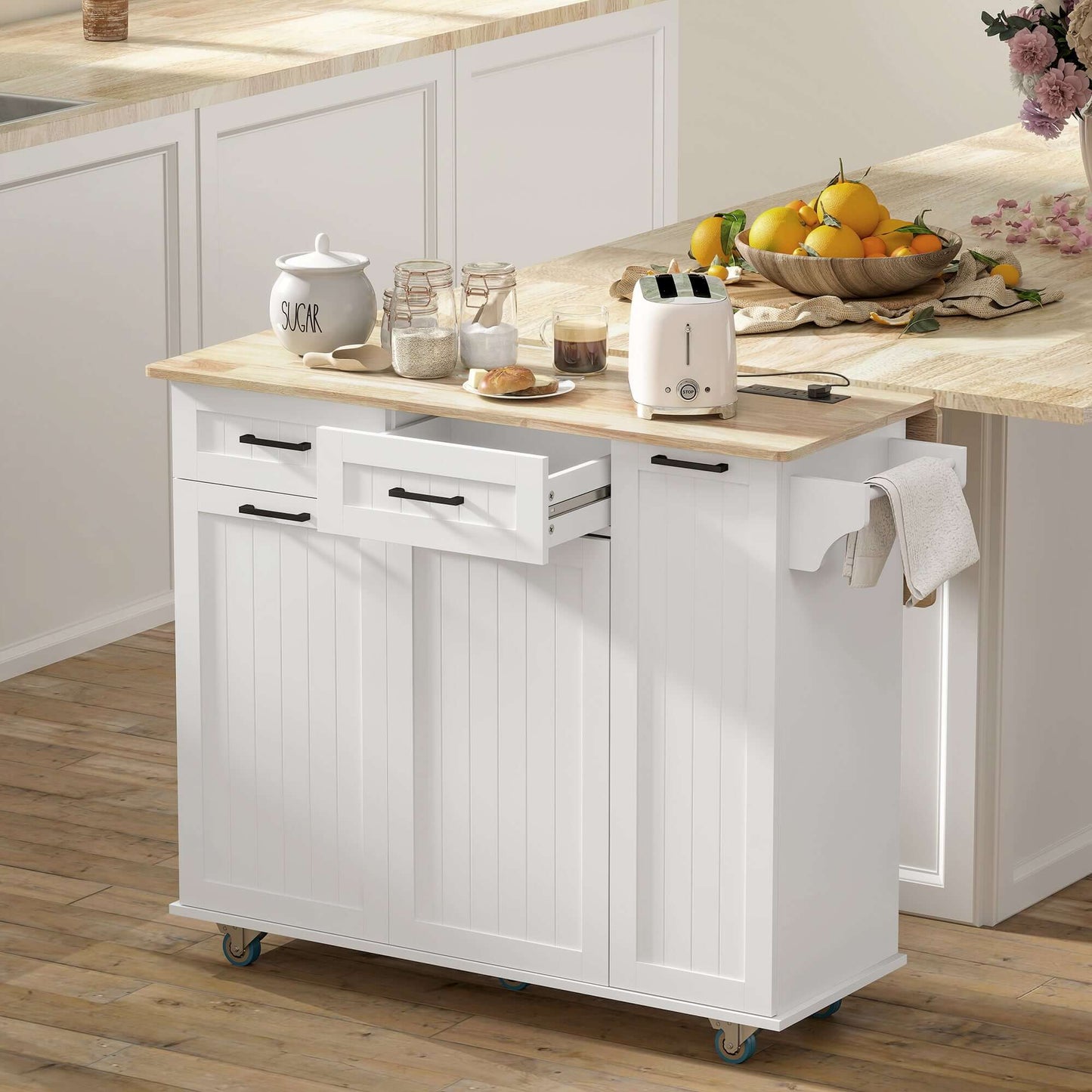 HOMCOM Kitchen Island on Wheels with Wood Drop Leaf, Charging Station, Rolling Kitchen Cart with Adjustable Shelf, White