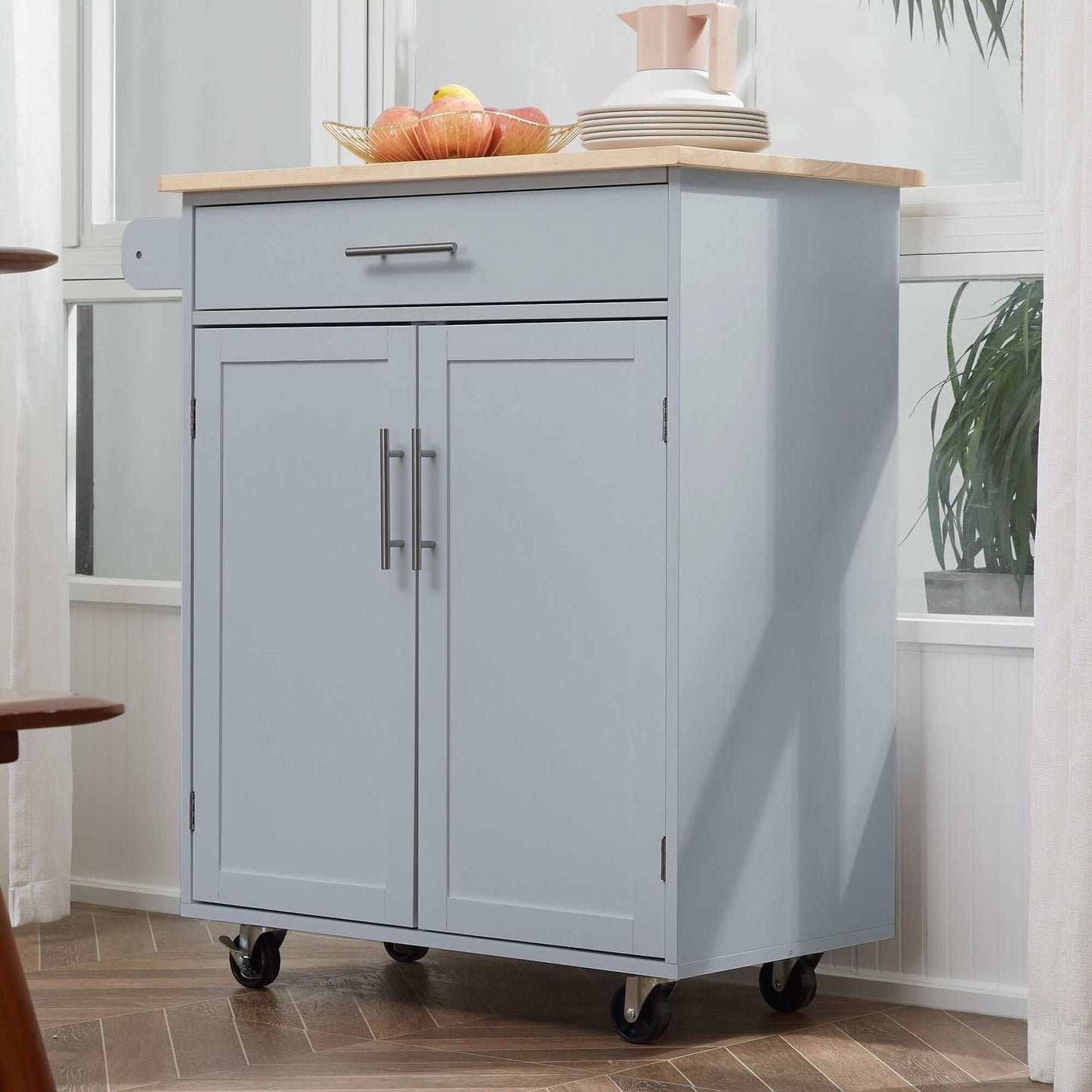 HOMCOM Rolling Kitchen Island Cart with Wood Top, Enough Storage Drawer Space with Towel Bar Rack Shelves, Portable Kitchen Utility Serving Cart Trolley on Wheels (Grey)