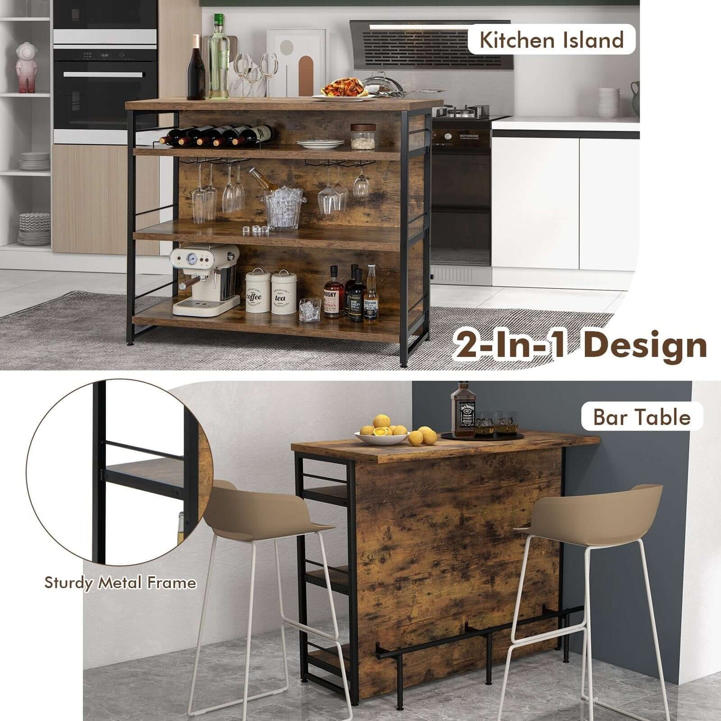 Kitchen Island with 4-Tier Storage Shelf and Long Footrest for Home-Rustic Brown