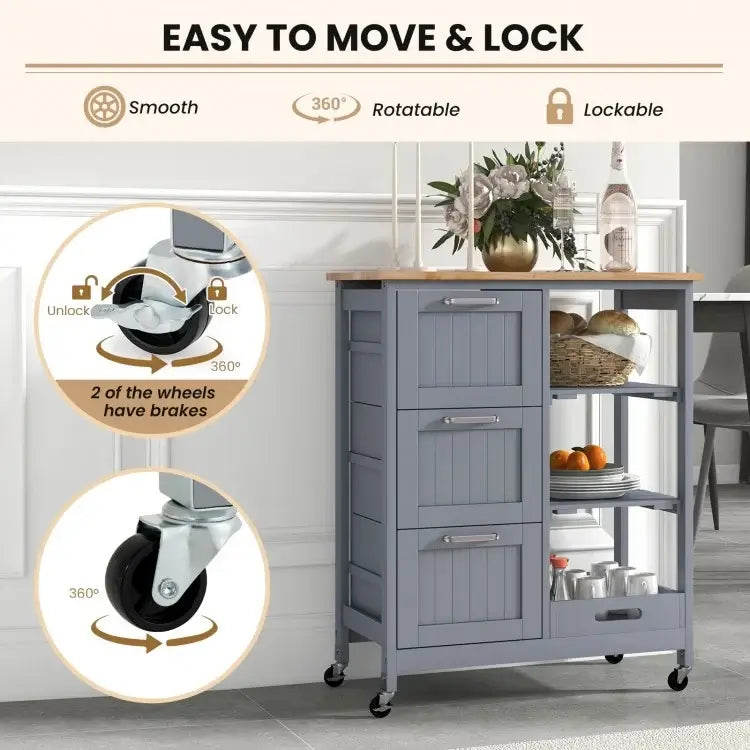 Rolling Kitchen Island Utility Storage Cart with 3 Drawers
