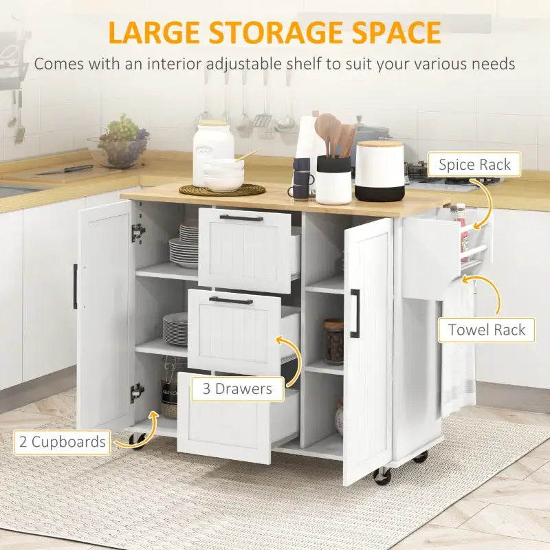 HOMCOM Kitchen Island Cart: On Wheels, Drop Leaf, 3 Drawers, Cabinets, Natural Wood Top, White