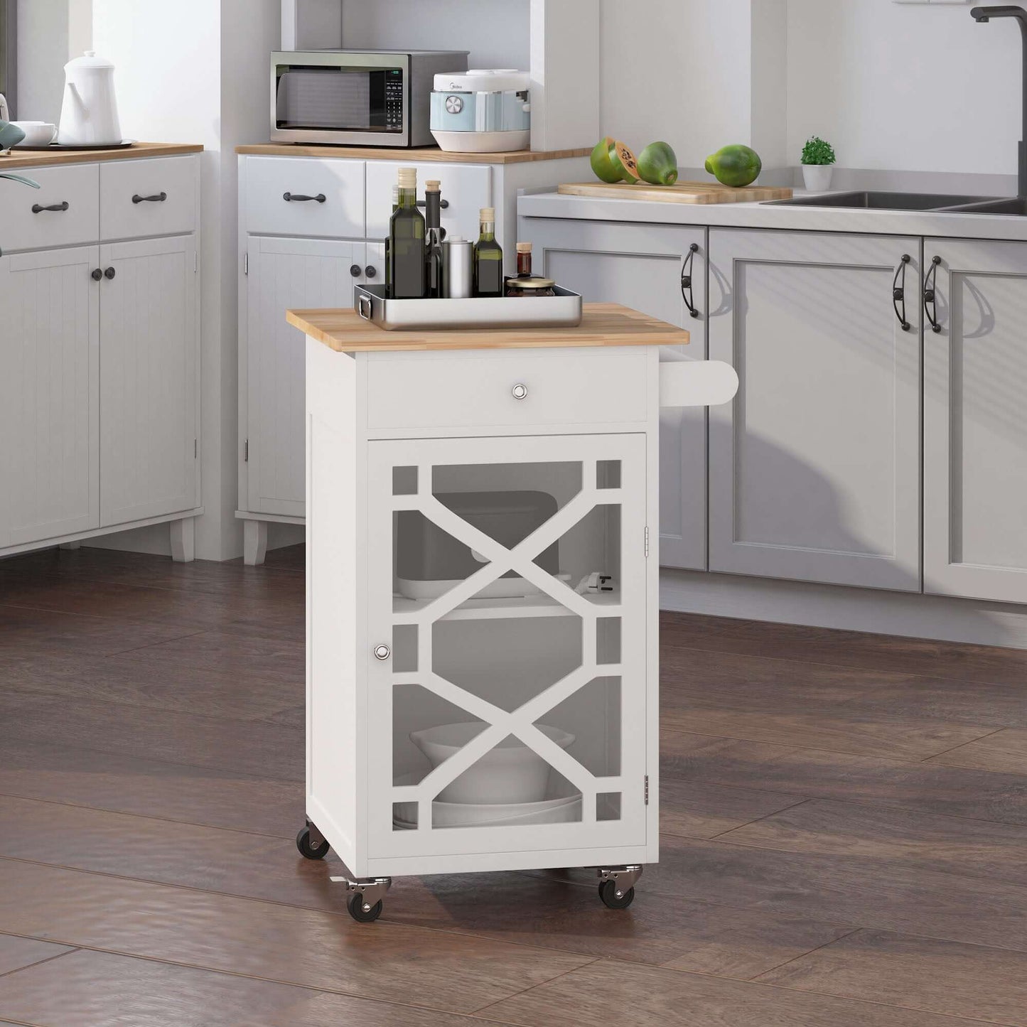 HOMCOM Kitchen Cart on Wheels, Rolling Kitchen Island with Drawer, Glass Door, Towel Rack and Adjustable Shelf, White