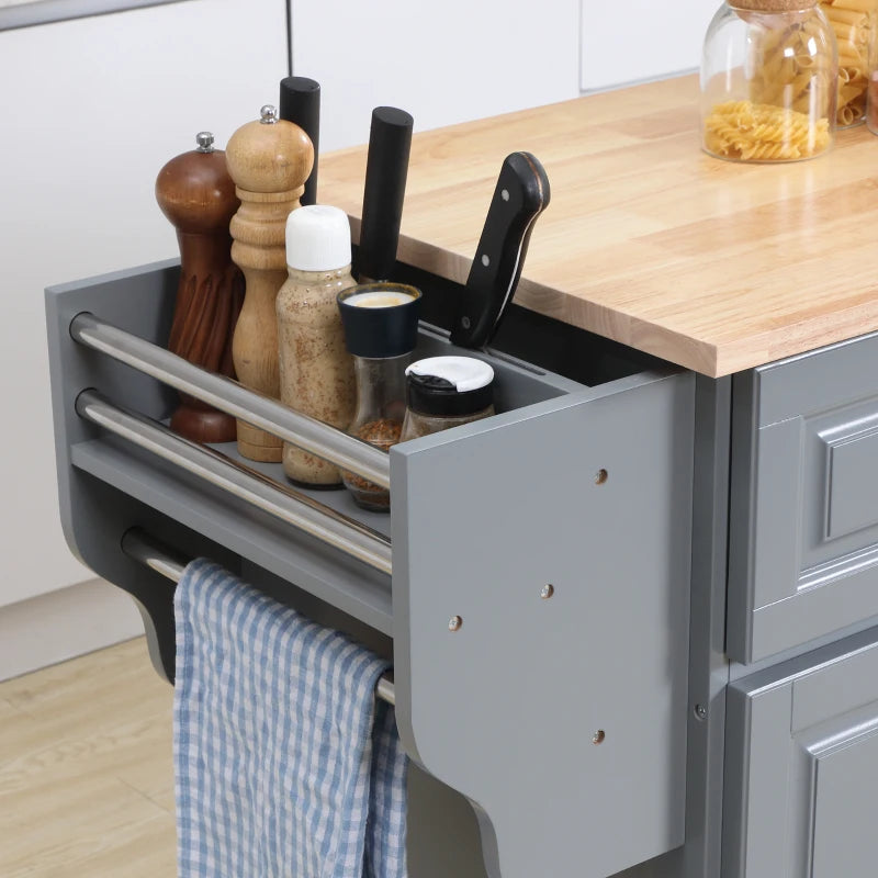 HOMCOM Rolling Kitchen Island: Drop-Leaf Wood Top, Drawers & Cabinets for Extra Storage, Grey | Aosom Canada