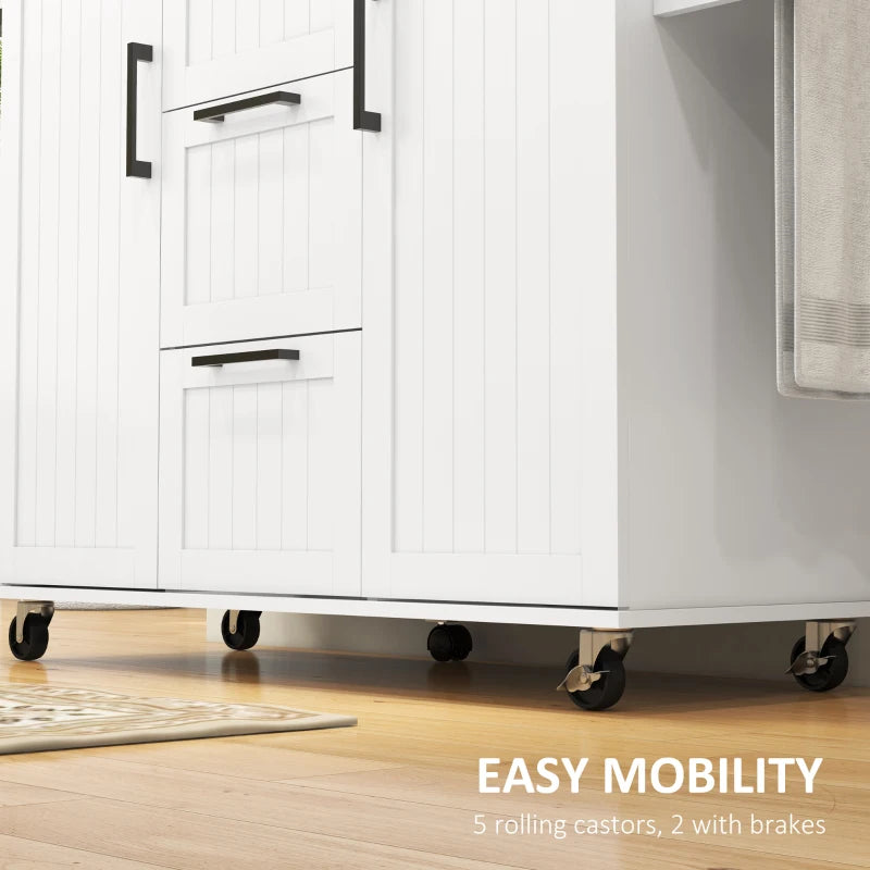 HOMCOM Kitchen Island Cart: On Wheels, Drop Leaf, 3 Drawers, Cabinets, Natural Wood Top, White | Aosom Canada