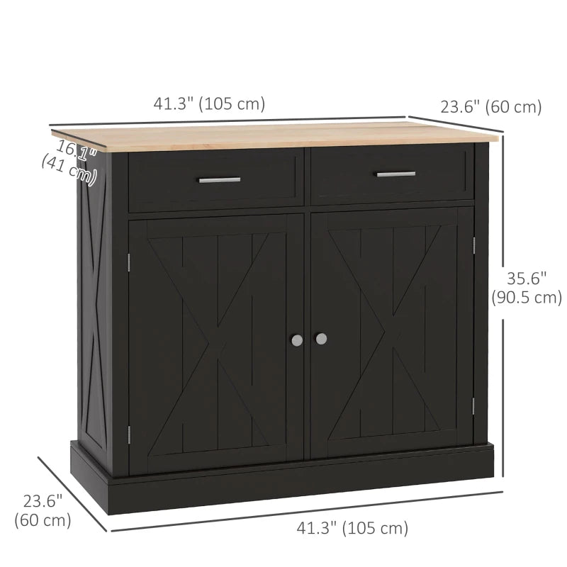 HOMCOM Ebony Culinary Companion: Black Kitchen Island with Beadboard, Rubberwood Cart, 2 Drawers, Adjustable Shelves for Storage | Aosom Canada