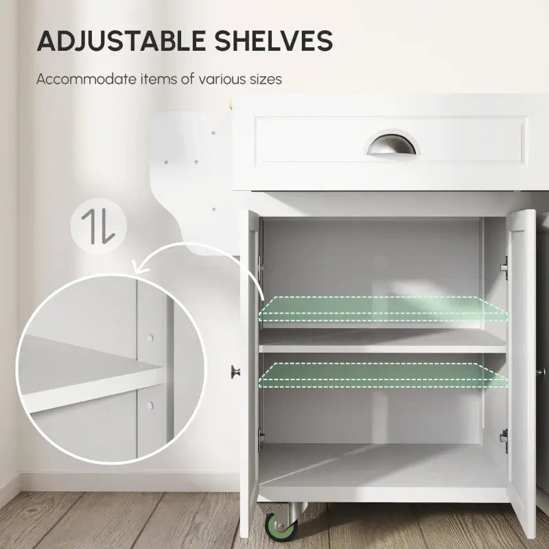 HOMCOM Rolling Kitchen Island on Wheels Utility Cart with Drop-Leaf and Rubber Wood Countertop, Storage Drawers, Door Cabinets, White
