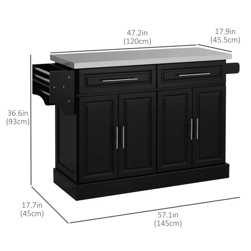 HOMCOM Portable Kitchen Island Rolling Cart Stainless Steel Top Storage Spice Rack Drawers Cabinets Black | Aosom Canada