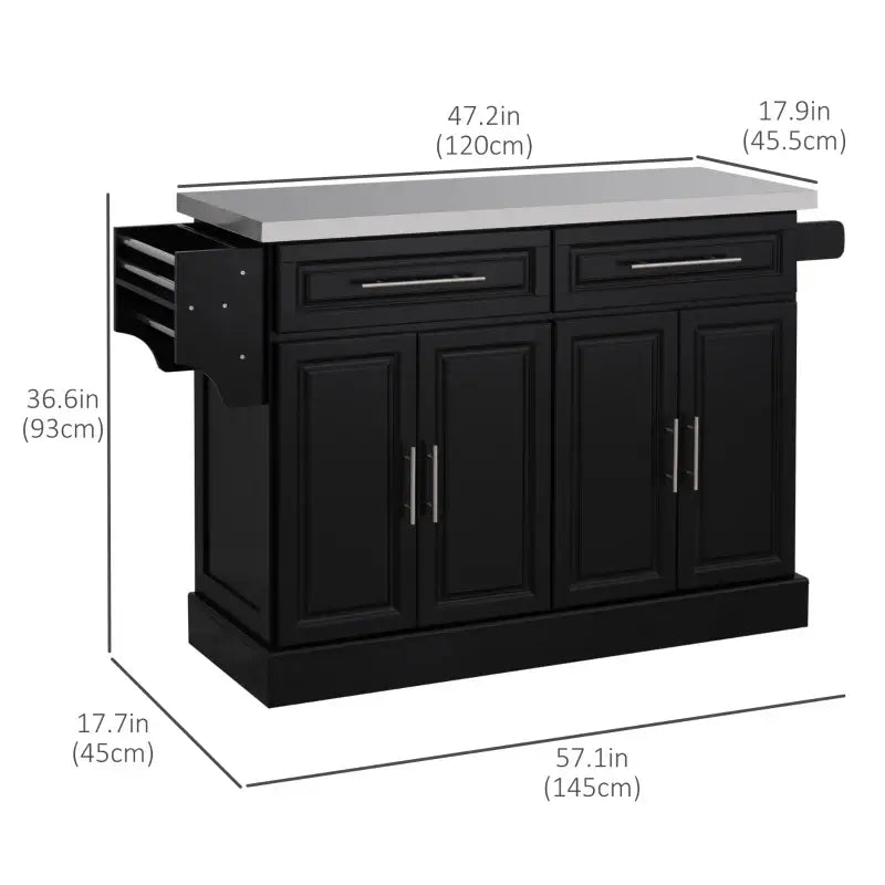 HOMCOM Portable Kitchen Island Rolling Cart Stainless Steel Top Storage Spice Rack Drawers Cabinets, Black
