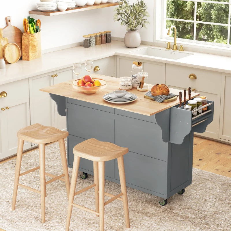 HOMCOM Rolling Kitchen Island: Drop-Leaf Wood Top, Drawers & Cabinets for Extra Storage, Grey | Aosom Canada