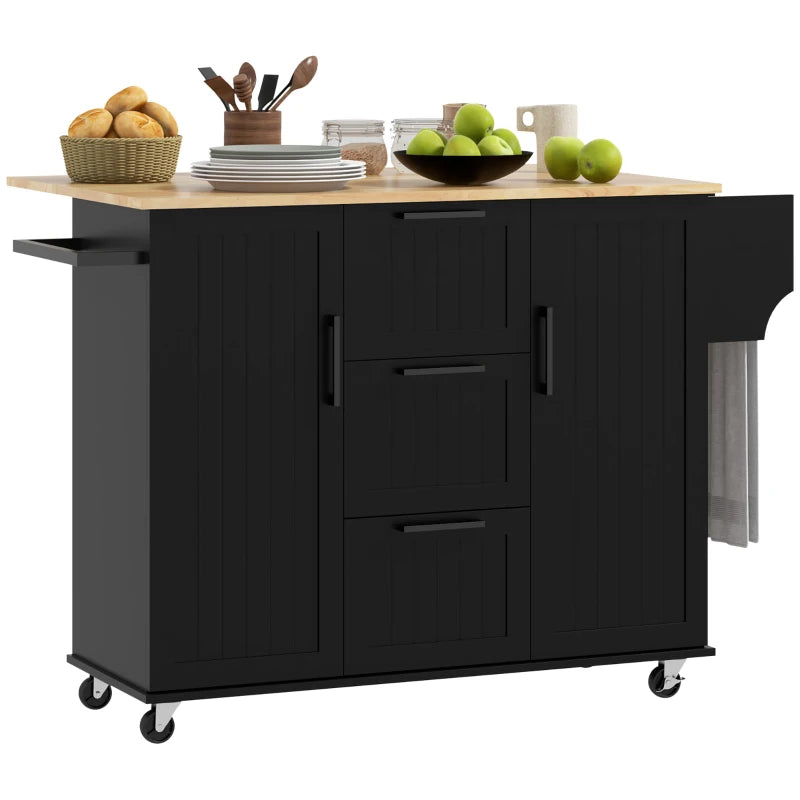 HOMCOM Rolling Kitchen Cart on Wheels with Drop Leaf, Kitchen Island with 3 Drawers, Solid Wood Top and Towel Rack, Black | Aosom Canada