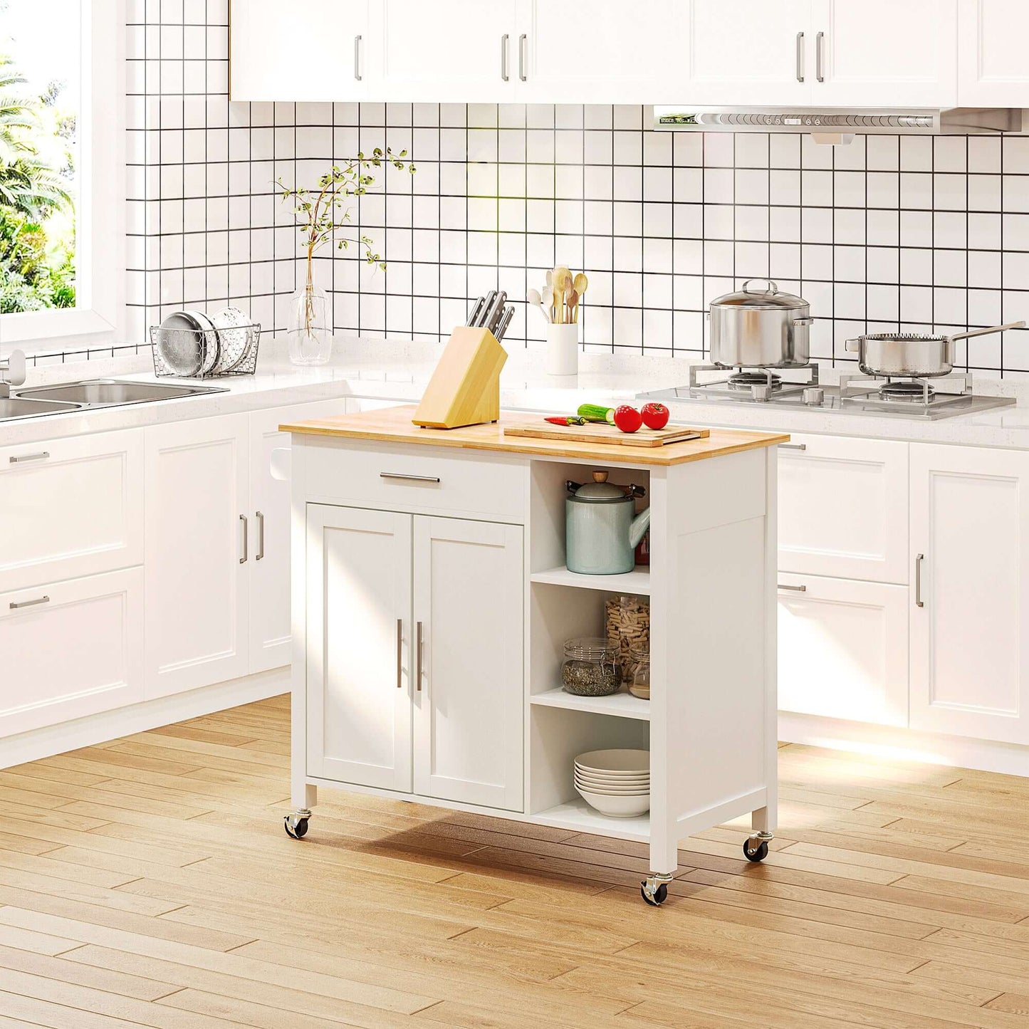 HOMCOM Wooden Rolling Kitchen Island on 360° Swivel Wheels Dining Cart with Drawer, Towel Rack for Kitchen, White