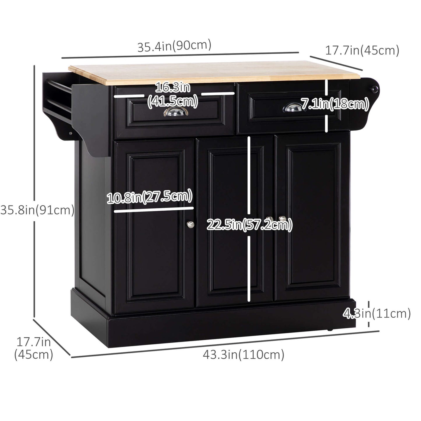 HOMCOM Kitchen Island with Storage Rolling Kitchen Serving Cart with Rubber Wood Top Towel Rack Storage Drawer Cabinet, Black