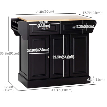 HOMCOM Kitchen Island with Storage Rolling Kitchen Serving Cart with Rubber Wood Top Towel Rack Storage Drawer Cabinet, Black