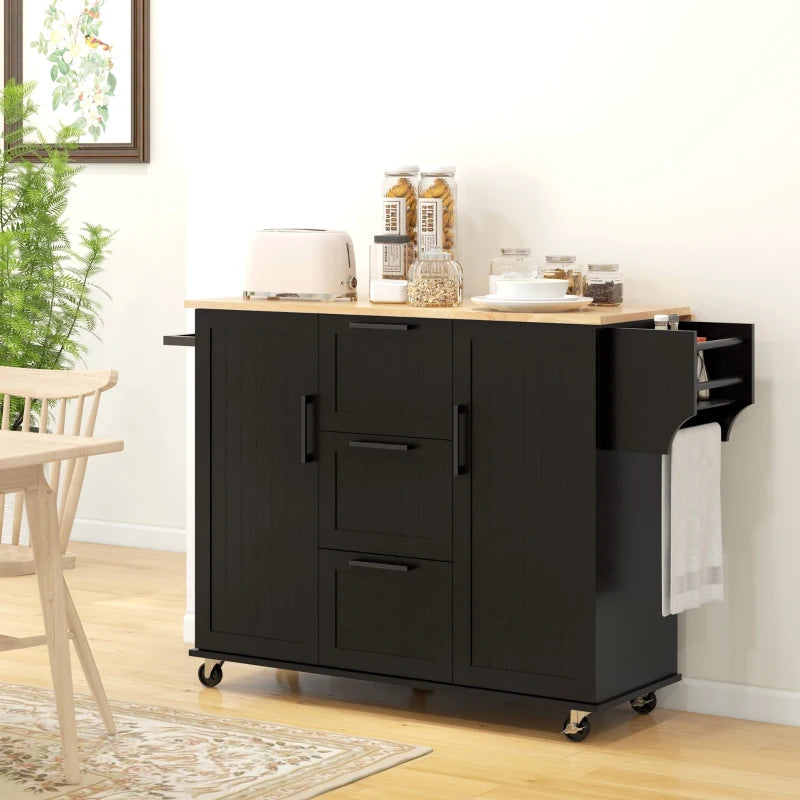 HOMCOM Rolling Kitchen Cart on Wheels with Drop Leaf, Kitchen Island with 3 Drawers, Solid Wood Top and Towel Rack, Black | Aosom Canada