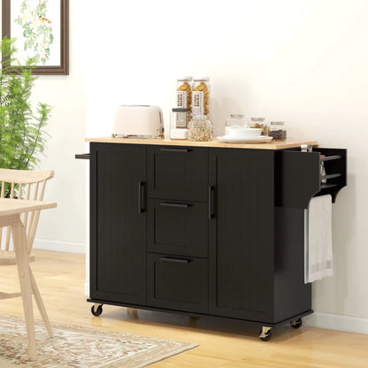 HOMCOM Rolling Kitchen Cart on Wheels with Drop Leaf, Kitchen Island with 3 Drawers, Solid Wood Top and Towel Rack, Black | Aosom Canada