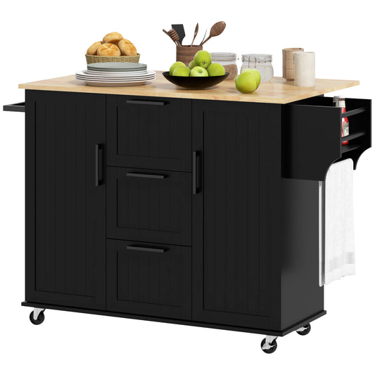 HOMCOM Rolling Kitchen Cart on Wheels with Drop Leaf, Kitchen Island with 3 Drawers, Solid Wood Top and Towel Rack, Black | Aosom Canada