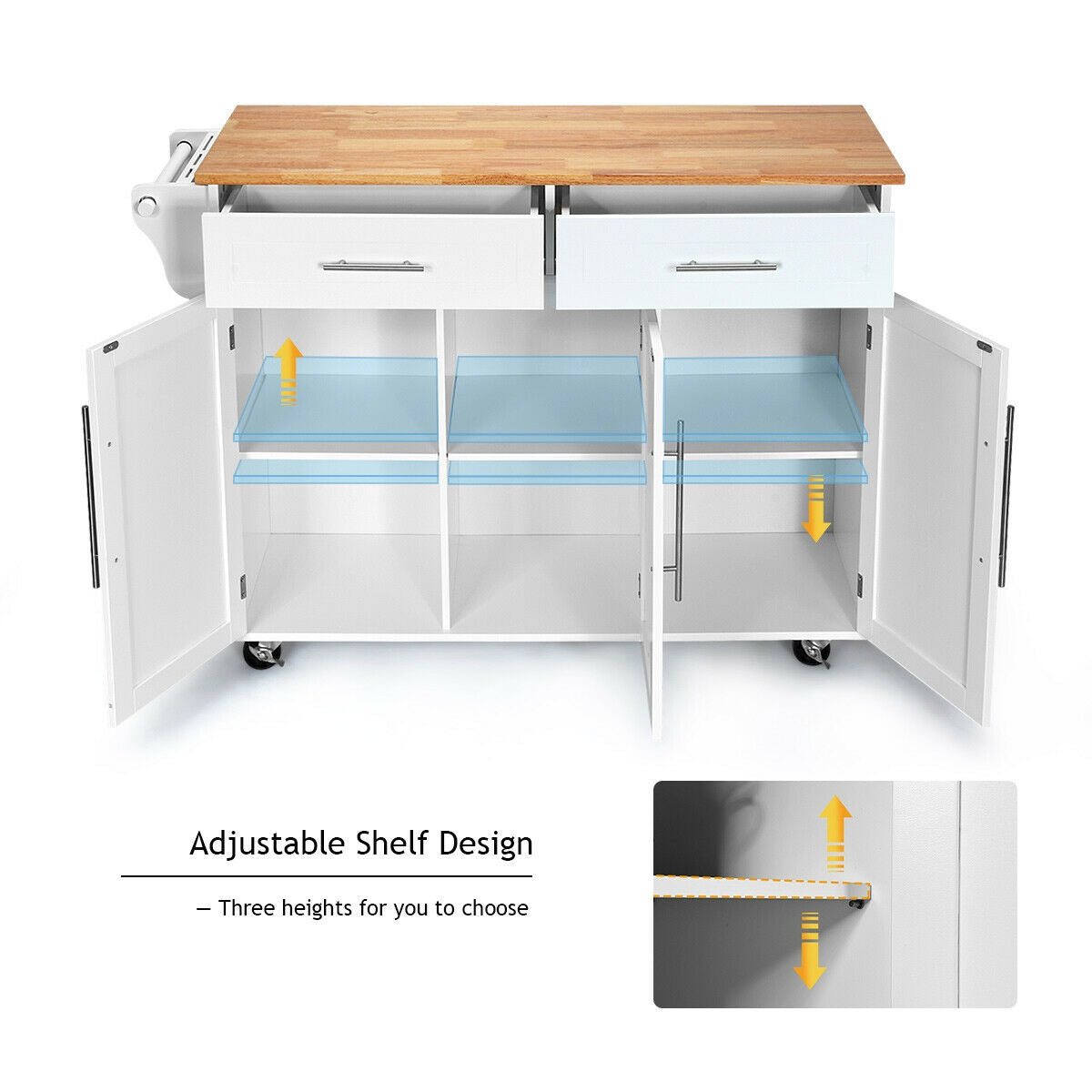 Kitchen Island Trolley Cart Wood Top Rolling Storage Cabinet-White