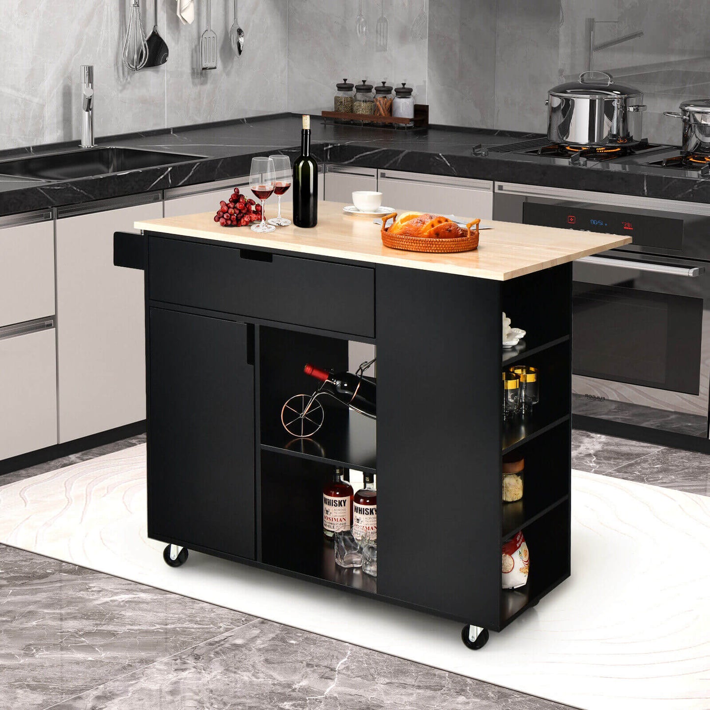 Drop-Leaf Kitchen Island with Rubber Wood Top-Black