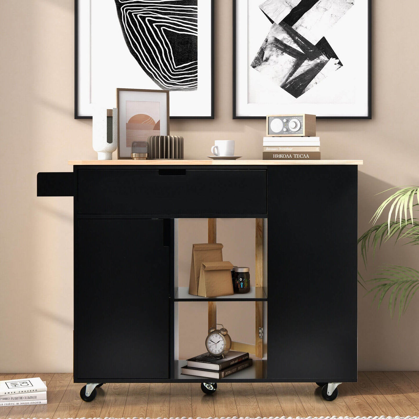 Drop-Leaf Kitchen Island with Rubber Wood Top-Black