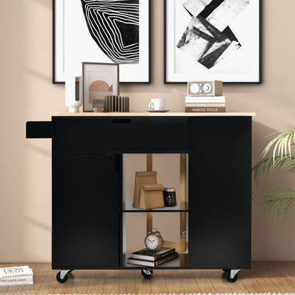 Drop-Leaf Kitchen Island with Rubber Wood Top-Black