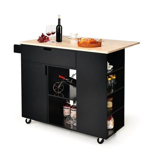Drop-Leaf Kitchen Island with Rubber Wood Top-Black