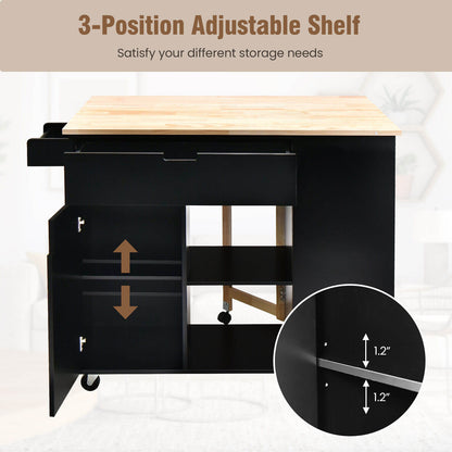 Drop-Leaf Kitchen Island with Rubber Wood Top-Black