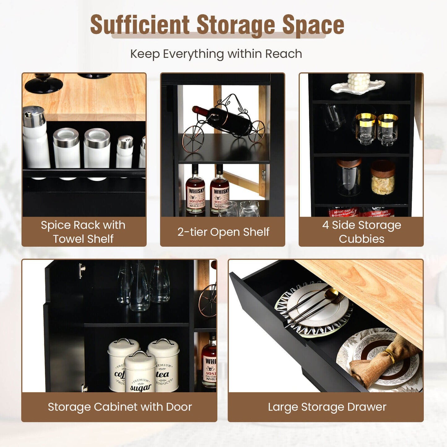Drop-Leaf Kitchen Island with Rubber Wood Top-Black