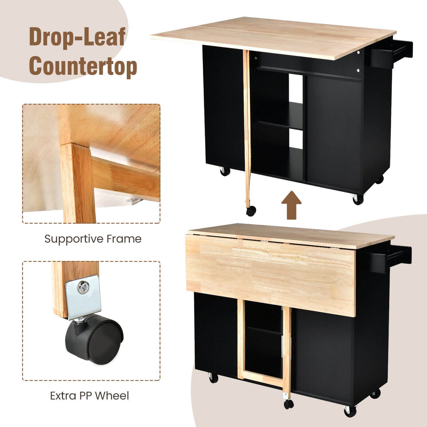Drop-Leaf Kitchen Island with Rubber Wood Top-Black