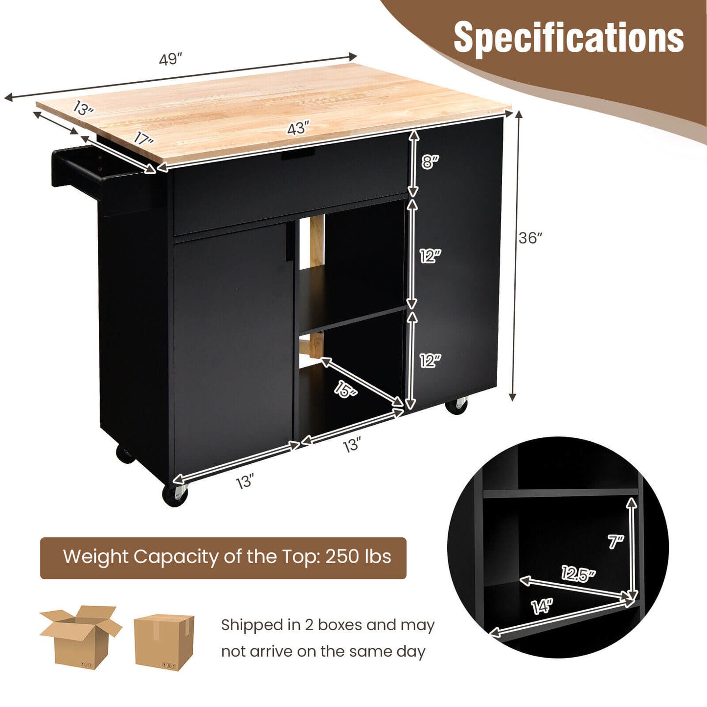 Drop-Leaf Kitchen Island with Rubber Wood Top-Black