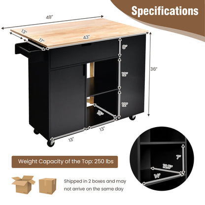 Drop-Leaf Kitchen Island with Rubber Wood Top-Black