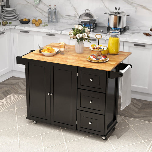 Falling Leaf Kitchen Island Trolley Cart Wood Storage Cabinet-Black